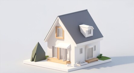 Low poly family house with garden with white background. Generative AI