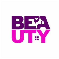 Beauty house logo design. Beauty word illustration with woman's face in negative space and window symbol.