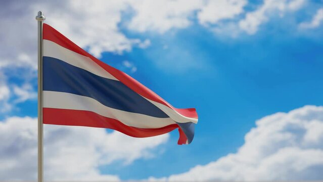 Thailand country national flag waving on blue sky background. 3d video footage