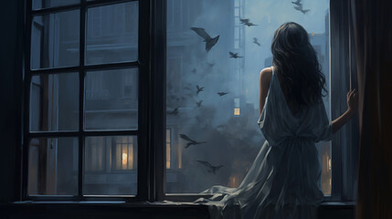 Woman in White Dress Gazing at Night Sky, a beautiful woman with a white dress standing on a window looking at the dark sky and birds, generative AI art