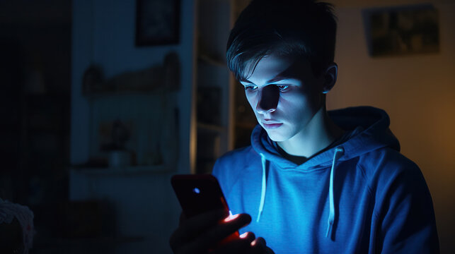 Boy is addicted to a phone Sleepy exhausted lying in bed using a smartphone, Insomnia, and addicted. Sad bored in bed scrolling through social networks  at night in the dark