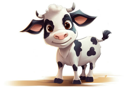 Funny smiling cartoon cow on white background