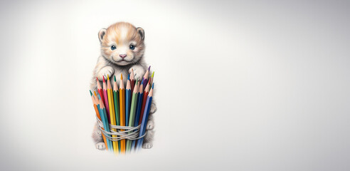 Viele Buntstifte mit einer lustigen Maus als Symbol für die Farben cartoon in Querformat als Banner, ai generativ