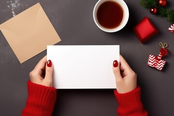 Obraz premium Desktop of woman hands in red sweater holding blank paper, Christmas