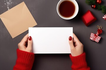 Desktop of woman hands in red sweater holding blank paper, Christmas