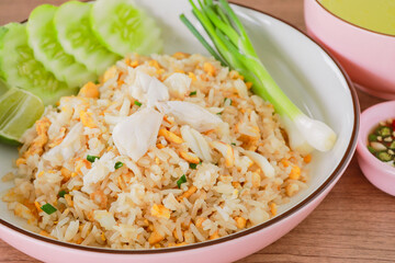 crab meat fried with rice ready in dish for eating