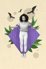 Vertical collage image of terrified impressed black white effect girl flying bats plant leaves...