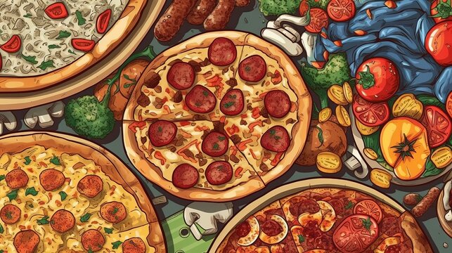 Gourmet pizza toppings . Fantasy concept , Illustration painting.