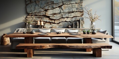 The modern rustic interior of the dining room with wooden tables with sofas and concrete walls provides a warm atmosphere with afternoon sunlight.