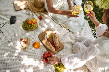 top view, picnic, african american girlfriends with wine glasses near fruits, vegetables, bread