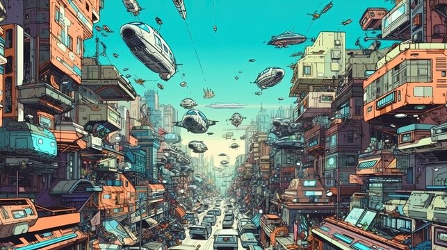 Futuristic cityscape with flying cars . Fantasy concept , Illustration painting.