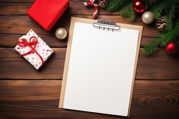 Empty wishlist for Santa Claus laid on a wooden table