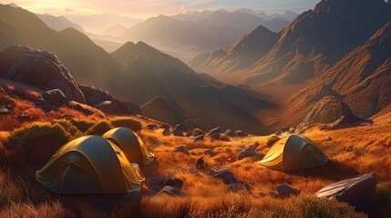 tourist tent camping in mountains at sunset. Created with Generative AI. - obrazy, fototapety, plakaty