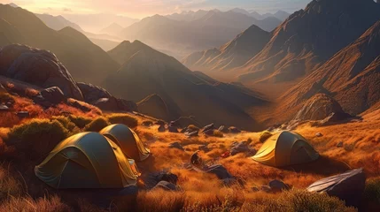 Fotobehang tourist tent camping in mountains at sunset. Created with Generative AI. © lchumpitaz