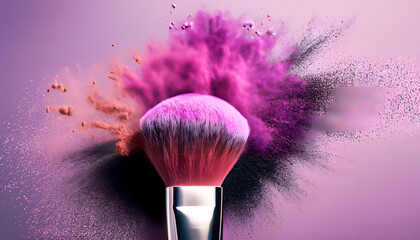 Bold Beauty Unleashed: Makeup Brush Dusted with Pink and Purple Powder Explosion, Generative AI"