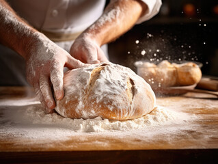 Fotografía de las manos de un panadero espolvoreando harina sobre una barra de pan, con elementos de cocina rústica desenfocados detrás.