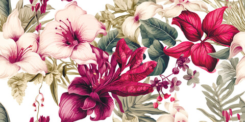 Vintage Flowers and leaves. Vector illustrations of fern, bird of paradise, black panther, palm leaf and tropical plants. Modern seamless pattern. Fashionable template for design