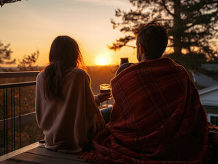 Fotografía de una pareja bajo una manta cálida, observando el atardecer desde un porche, con una taza de cacao en la barandilla.