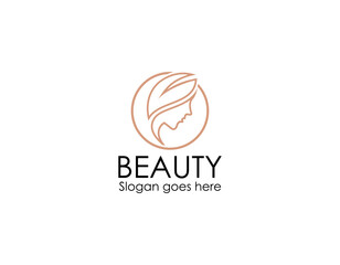Beauty salon logo.Elegant makeup woman face and wordmark isolated on light fund.Profile view lady portrait.Pink lipstick and long eyelashes.Cosmetics and spa business.Calligraphy style lettering.