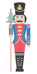Wooden soldier with christmas tree. Decoration toy on the christmas tree. Flat style. Vector illustration.