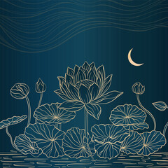 Elegant prestigious night background with lotus flowers against the background waves and the moon. The design is made for oriental motif with gold and blue colors. - obrazy, fototapety, plakaty