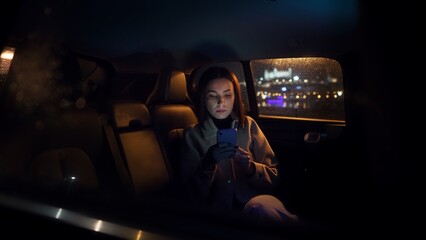 Stylish luxurious woman in suit sitting in black car at night in the passenger seat - obrazy, fototapety, plakaty