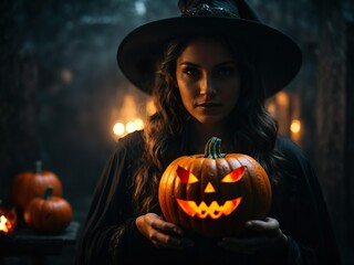 Halloween witch woman looks sinister and holds a pumpkin