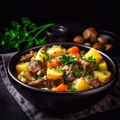 Irish stew with beef meat, potatoes, carrots and herbs in black bowl. Generative AI