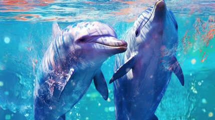 Friendly dolphins in the water . Fantasy concept , Illustration painting.