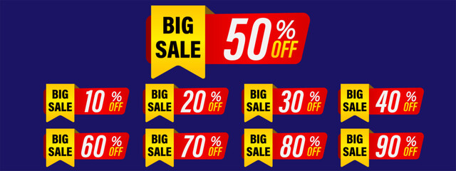 Discount price tag, Price 10 20 30 40 50 60 70 80 90 percent, Red and yellow big sale promotion sticker badge set for shopping marketing, advertisement clearance, element, special Vector illustration