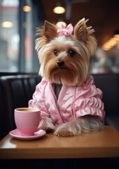 A small dog in a bright modern outfit. Fashionable pet.