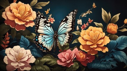 "Exquisite Tropical Elegance: A Vintage Illustration of Butterfly and Exotic Flowers"