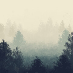 Foggy landscape with forest and individual trees. the format for the picture. landscape in the bedroom, living room. calmness.
