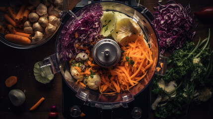 overhead view of food processor with sliced vegetables.