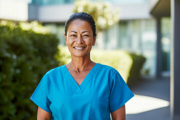 Smiling middle age nurse in blue scrubs posing outside a hospital. - obrazy, fototapety, plakaty