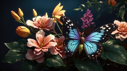 "Exquisite Tropical Elegance: A Vintage Illustration of Butterfly and Exotic Flowers"