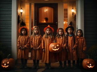 Halloween, Children are standing late in the evening near the doors went out to collect sweets in their hands holding a huge pumpkin with burning eyes