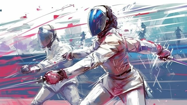 Fencer in a competitive match . Fantasy concept , Illustration painting.