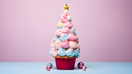 Colorful cupcake styled as a Christmas tree, with a golden star on top.