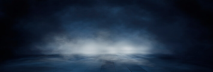 Empty night gloomy scene, moonlight rays, blue neon, smoke, smog. AI generation
