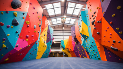 Indoor artificial rock climbing walls with coloured holds , no people