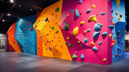 Indoor artificial rock climbing walls with coloured holds , no people - obrazy, fototapety, plakaty