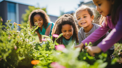 Kids at a community garden, tending to their plants and flowers with enthusiasm. Planting, and enjoying their labor as their garden flourishes