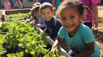 Kids at a community garden, tending to their plants and flowers with enthusiasm. Planting, and enjoying their labor as their garden flourishes - obrazy, fototapety, plakaty