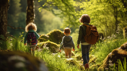 Kids taking a nature hike through a lush forest, exploring the beauty of the outdoors. The trail lead to a serene clearing