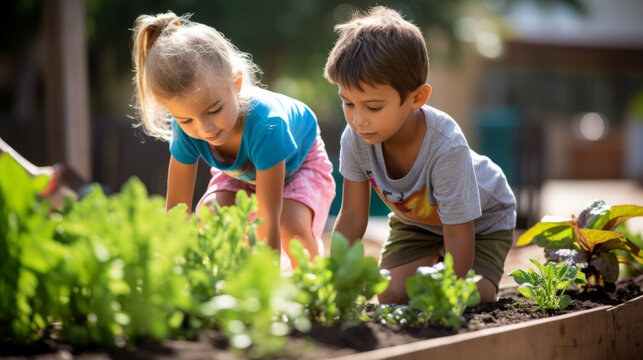 Kids at a community garden, tending to their plants and flowers with enthusiasm. Planting, and enjoying their labor as their garden flourishes