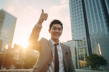 Successful 25 years old asian young man wearing business suit, raising his hand showing happiness,...