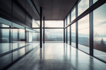 An empty room with a breathtaking mountain view through large windows