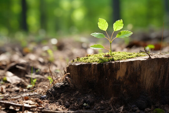 Young tree emerging from old tree stump in middle of forest , reborn or life concept picture