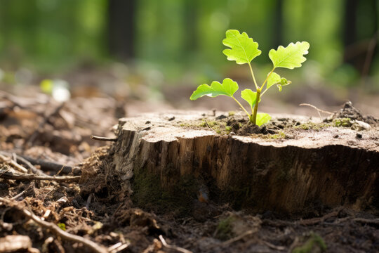 Young tree emerging from old tree stump in middle of forest , reborn or life concept picture